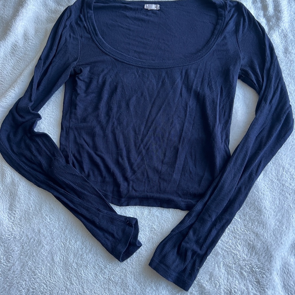 Garage Blue Fitted Crop Long Sleeve Blouse